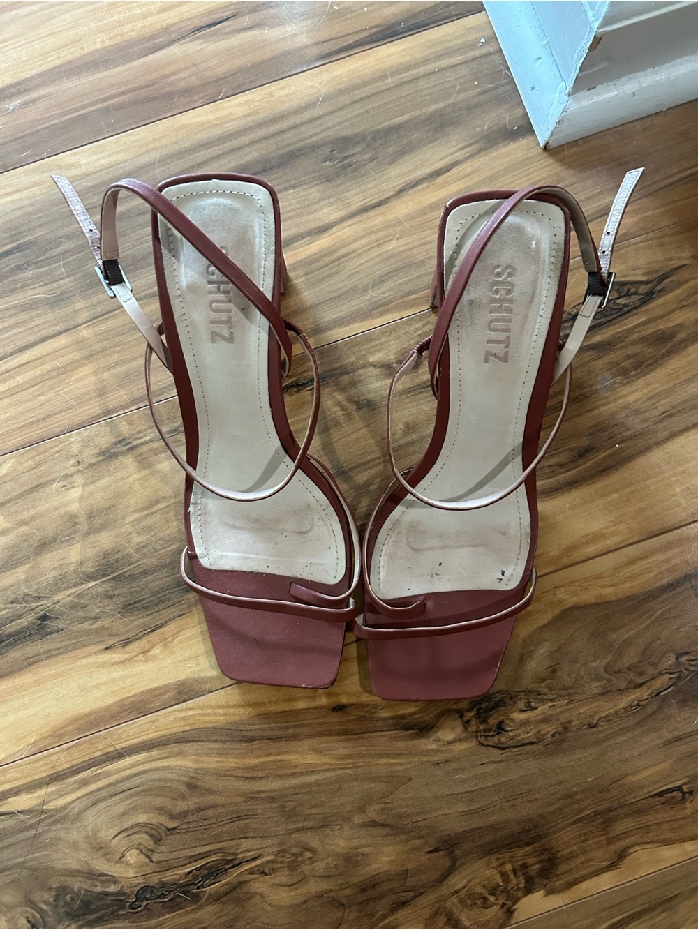 Schutz Square Toe Strappy Heel